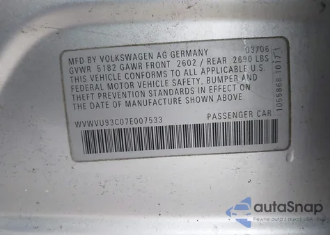 2007 Volkswagen Passat 3.6 из США, поврежденный, VIN WVWVU93C07E007533